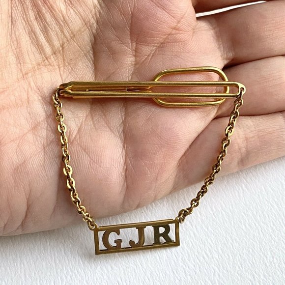 SWANK Monogram GJR Initials Name Letter Gold Tone Vintage Pendant Tie Bar Clip - Picture 2 of 7